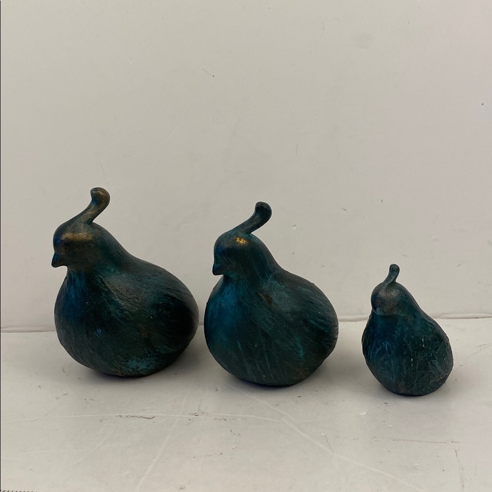 Set of three ceramic quail China or bisque teal gold